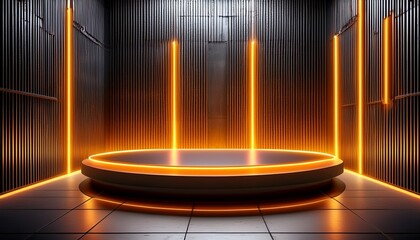 futuristic industrial interior with a black round platform in the center illuminated by vertical orange neon lights on a textured concrete wall