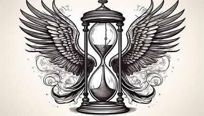 vintage inspired tattoo of a winged hourglass in engraved style symbolizing timers passage isolated on white ai generative