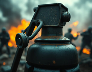 Obraz premium Ultra-Detailed Close-Up of a Military Grenade with a War-Torn Background