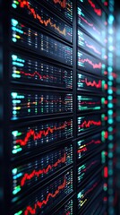 Naklejka premium Server rack with financial data displays