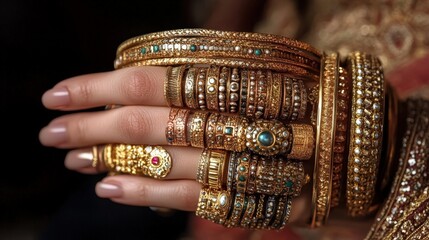 Exquisite Gold Bangles and Rings Close up of Ornate Indian Jewelry on Woman's Hand