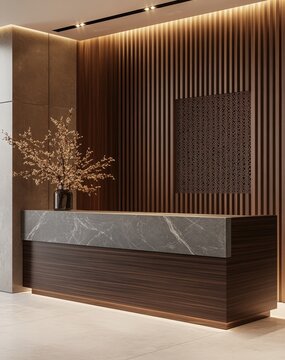 Elegant reception area with a marble counter, warm wood accent wall, and soft lighting creates a welcoming atmosphere