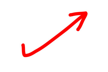 右肩上がりに跳ね上がった手書きの矢印 　赤　ベクター
