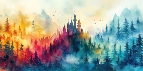 Watercolor Castle Landscape Painting Among Forest and Mountains with Fog