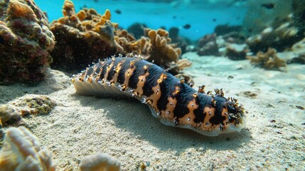 A sea cucumber slowly moving across the sandy floor near the reef, feeding on organic matter and contributing to the reef's ecosystem.