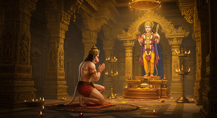 Devotion to Lord Rama: Hanuman's prayer in an ornate golden temple interior