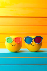 Happy Summer Fruit Two Smiling Oranges Wearing Sunglasses on Blue Wood