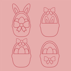 Set of Easter baskets with bunny ears, eggs and bows in outline style. Cute minimal vector for spring design and kids decor.
