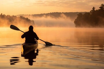 silhouette of a man on a kayak in the lake