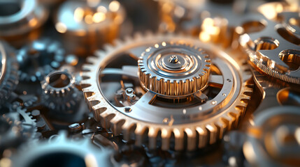 Intricate Gear Mechanism  Close up of Golden Cogwheels
