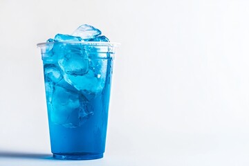 Plastic cup filled with blue iced drink on white background, refreshing cold beverage with ice cubes