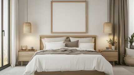 A serene bedroom with a subtle beige palette, a large wooden frame hanging above the headboard, with soft lighting highlighting the frame's simplicity.