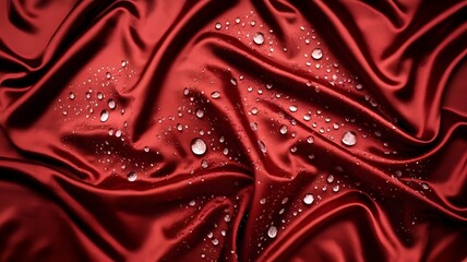 Fototapeta premium A background image of red silk fabric spread out evenly. There are irregular clear water droplets scattered across the silk surface.