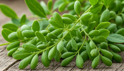 Fototapeta premium Moringa leaves on rustic surface for sustainable nutrition