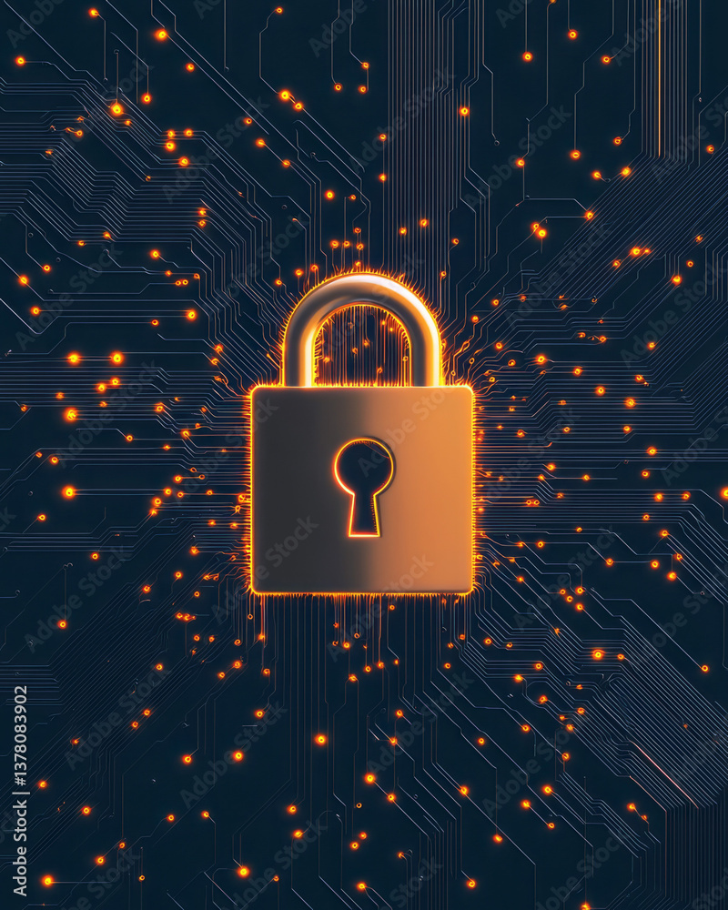 Poster A technology-themed banner featuring a padlock surrounded by circuit lines and nodes, visualizing
