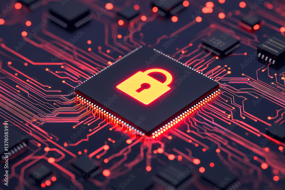 Poster A high-tech banner featuring digital padlock and network traces glowing on a microchip surface,