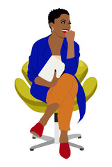 Smiling black business woman sitting in a chair with tablet. Pretty african american girl in bright modern business outfits. Cartoon style vector realistic illustration isolated