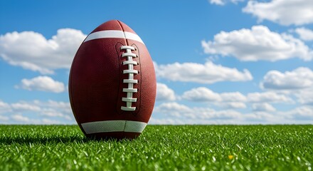 American football ball, on the grass, with fluffy clouds sky in