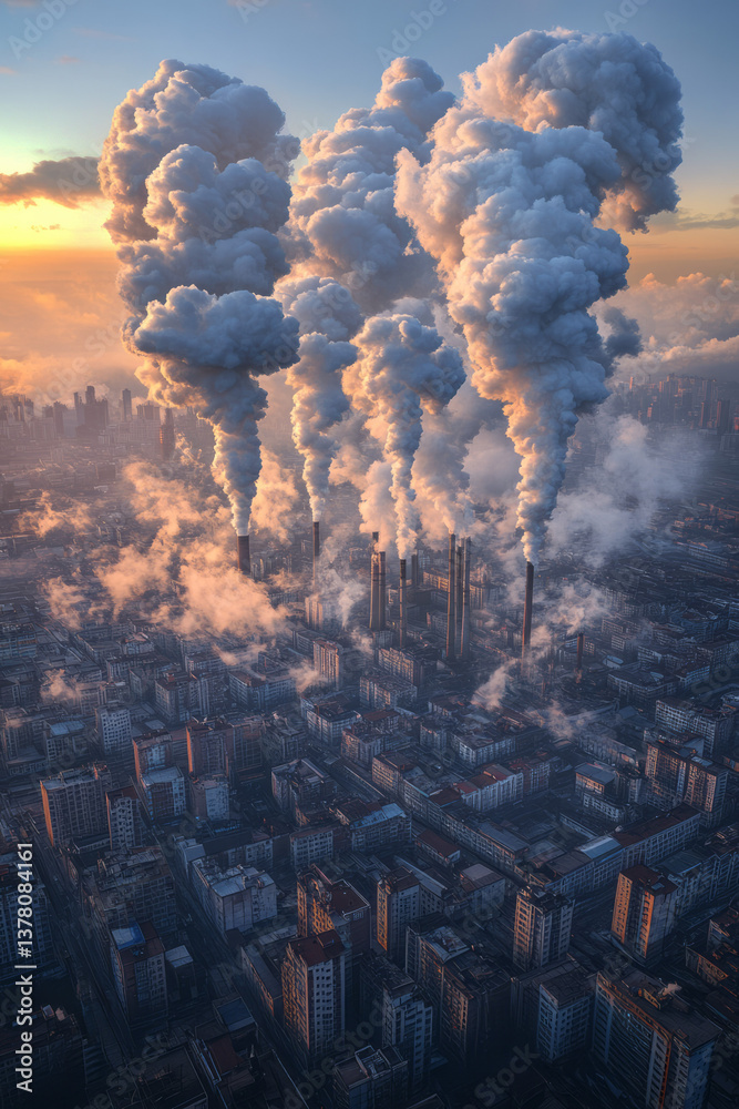 Aufkleber A wide-angle view of a city skyline with factories in the background releasing clouds of pollution