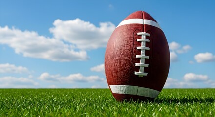 American football ball, on the grass, with fluffy clouds sky in
