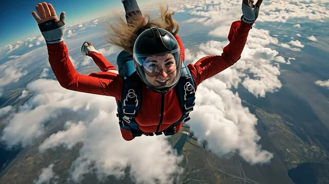 Skydiver smiles during freefall, clouds and landscape below
