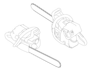 Two chainsaws are shown in a black and white drawing. The chainsaws are positioned next to each other, with one on the left and the other on the right. Concept of precision and attention to detail