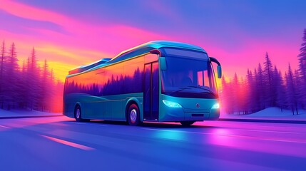 Obraz premium Modern Bus Traveling on Road Reflecting Sunset Scenery in Winter