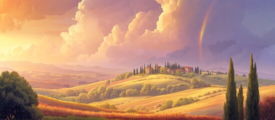 Obraz premium A picturesque landscape featuring a hillside village under a rainbow