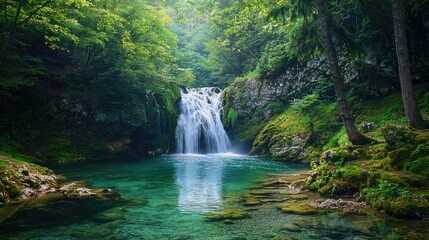 A serene forest landscape featuring a cascading waterfall flowing into a clear turquoise pond 