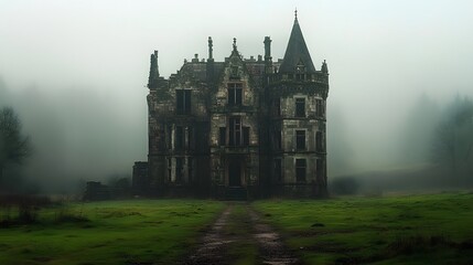 Obraz premium A hauntingly beautiful abandoned castle in the fog