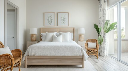 Fototapeta premium A serene, modern bedroom with a light wood frame showcasing a soft, muted floral print that adds a touch of elegance to the space.