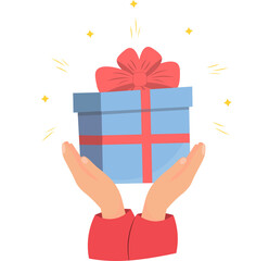Present box with ribbon in hands, giving present