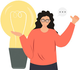 	
Person near light bulb, brainstorming and finding ideas, developing success business project, finding inspiration solution,