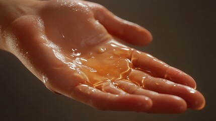 Fototapeta premium Close Up of Hand Holding Liquid with Reflective Surface