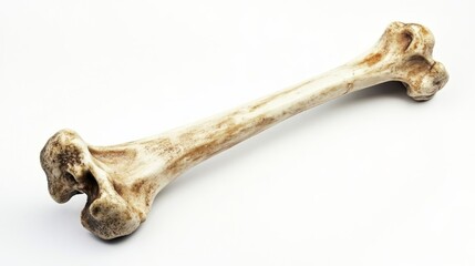 Realistic old femur bone with weathered texture on white background.