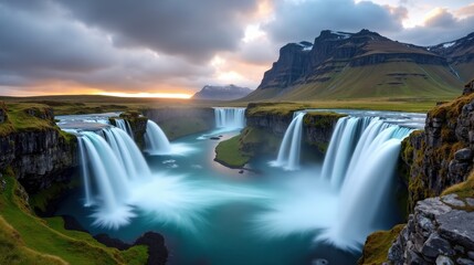 Professional photo of Steinsdalsfossen waterfall in Norway at dawn, cloudy weather, taken from a panoramic perspective.