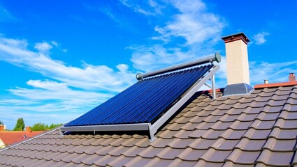 Solar water heater installed roof blue sky. Hot water system uses sun rays for heat. Modern eco-friendly energy-saving tech. Renewable green power source for house. Alternative energy concept.