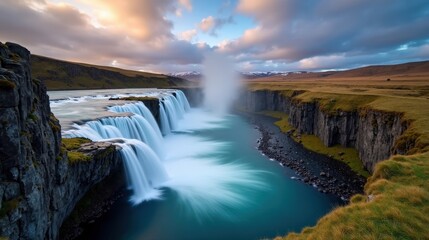 Fototapeta premium Professional photo of Steinsdalsfossen waterfall in Norway at dawn, cloudy weather, taken from a panoramic perspective.