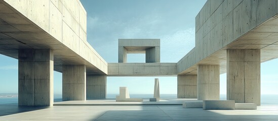 Fototapeta premium Concrete architecture, ocean view, minimalist design, modern building