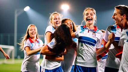 Group of young female soccer players in full uniform celebrating their win. - Powered by Adobe
