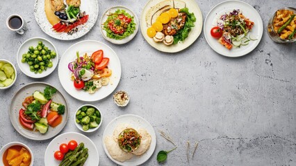 A collection of plates of food on a table, ideal for use in restaurant or cafe settings