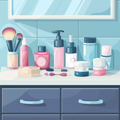 Naklejka premium Bathroom vanity with skincare and makeup products in flat style