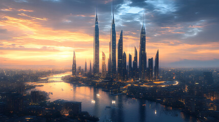 Naklejka premium Futuristic Cityscape Sunset Skyline