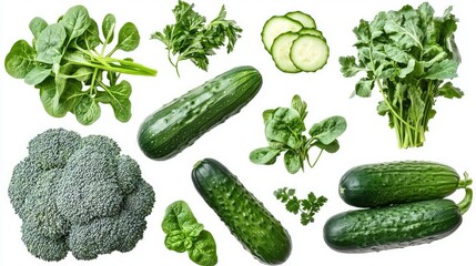 A set of fresh green vegetables including broccoli, cucumbers, spinach, and zucchini, isolated on a transparent background."