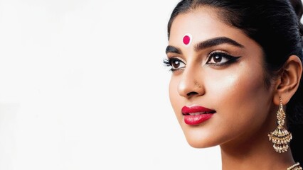 A close-up of a woman's face with a distinctive red nose ring and earrings, suitable for use in editorial or commercial contexts
