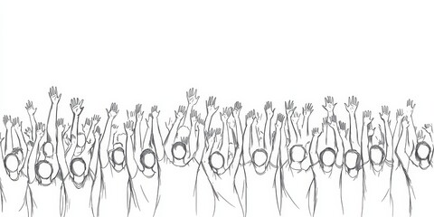 Cheerful crowd cheering illustration. Hands up. Group of applause people continuous one line  drawing, Generative AI