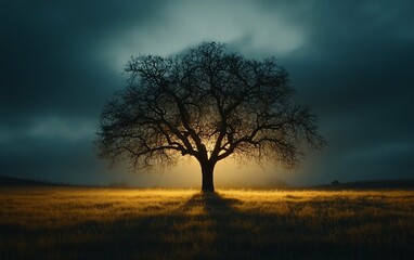 Fototapeta premium Lone Oak at Dusk Golden Field Glow