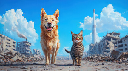 A golden retriever and a tabby cat walk confidently through a post-apocalyptic landscape, showcasing resilience amid ruins and a bright sky.