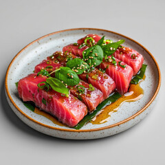 A beautifully arranged plate of sushi featuring fresh tuna, garnished with herbs and a drizzle of sauce.