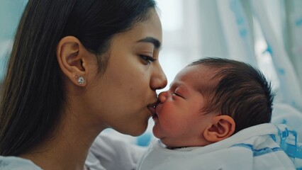 A mother's love knows no bounds - a tender moment between a woman and her newborn baby in a hospital setting
